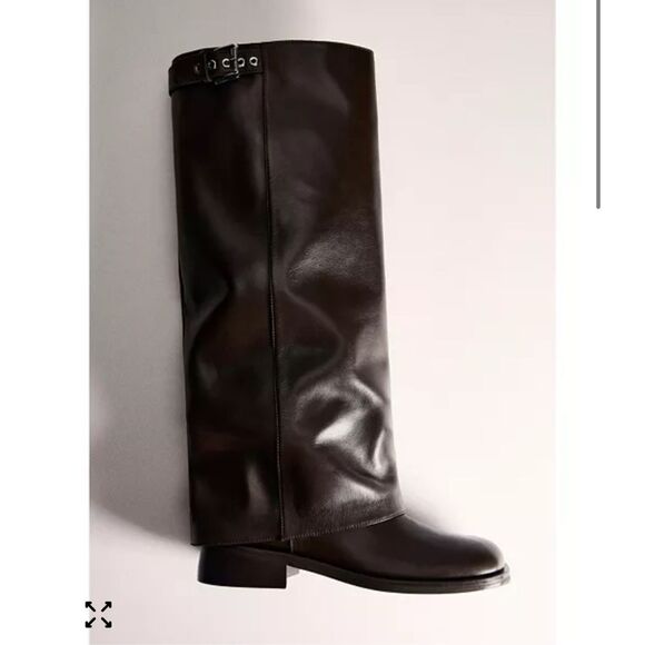 MNG BY MANGO $299 LEATHER TALL BOOTS BROWN BUCKLE 39 US 8.5 - Picture 2 of 8